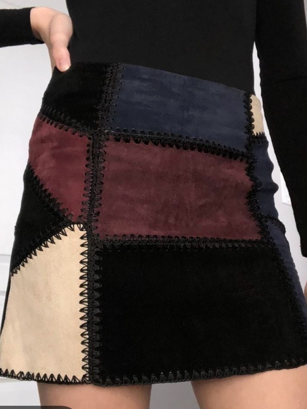 Zara Women Suede Patchwork Skirt Sz Small Medium Mini Boho Festival Blue Neutral